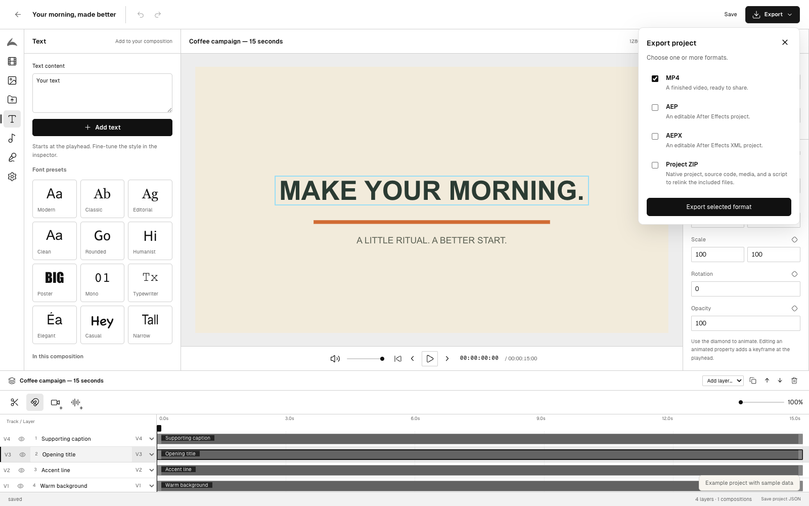 Export menu with MP4 selected and optional AEP, AEPX, and Project ZIP formats