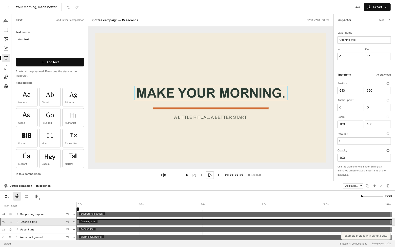 Latted Composition editor with Text tools on the left, a selected title in the preview, the Inspector on the right, and layered timeline below