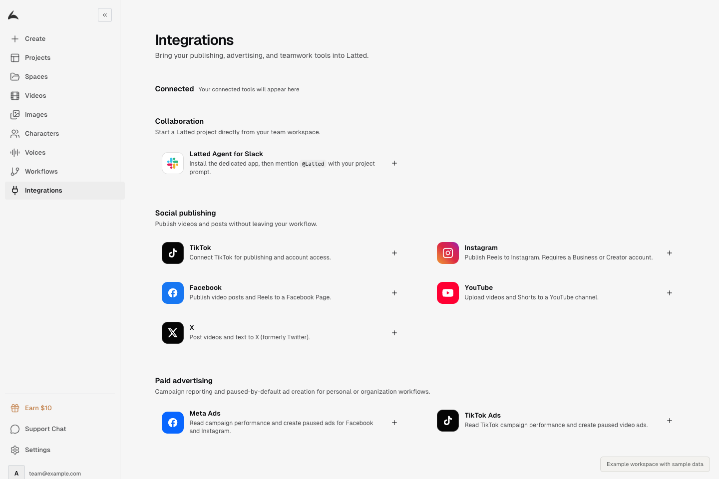 Integrations screen with collaboration, social publishing, and paid advertising connections