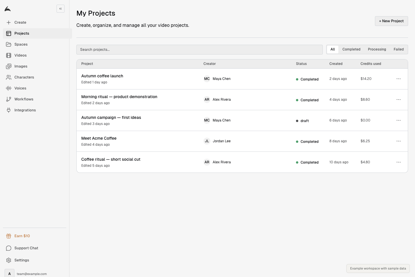 Projects dashboard with search, status filters, and sample project rows