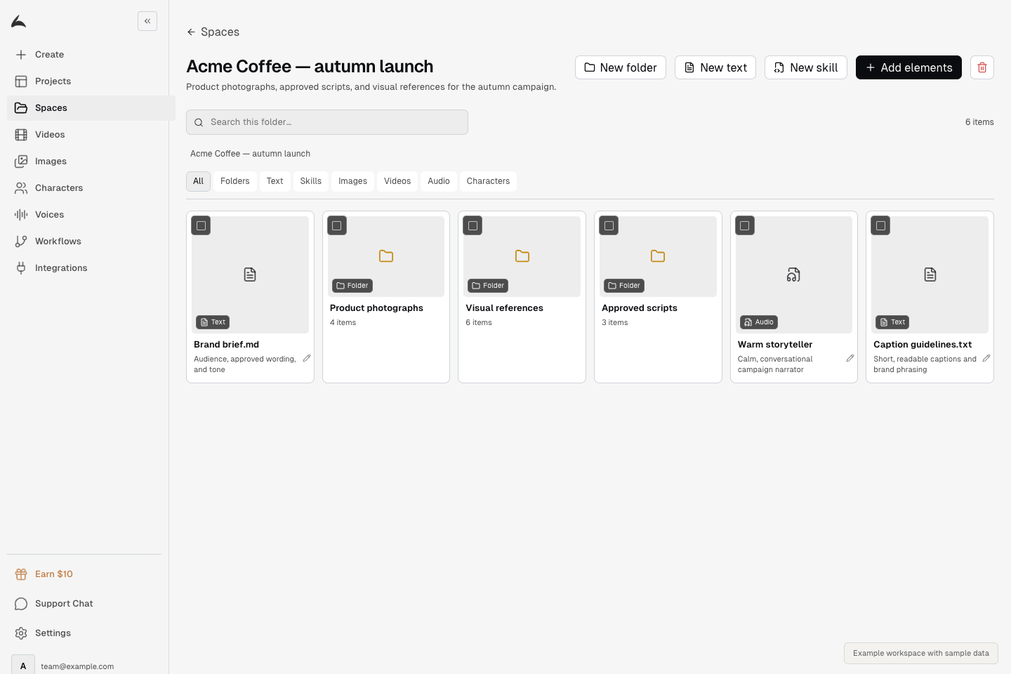 A Space containing product folders, visual references, a brand brief, and saved audio