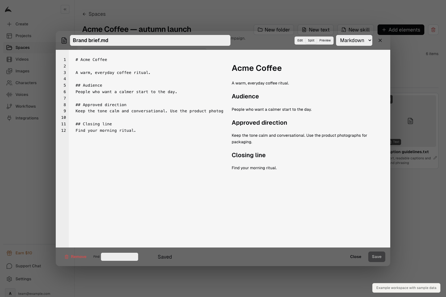 Space text editor with brand instructions, a split preview, and the Save control