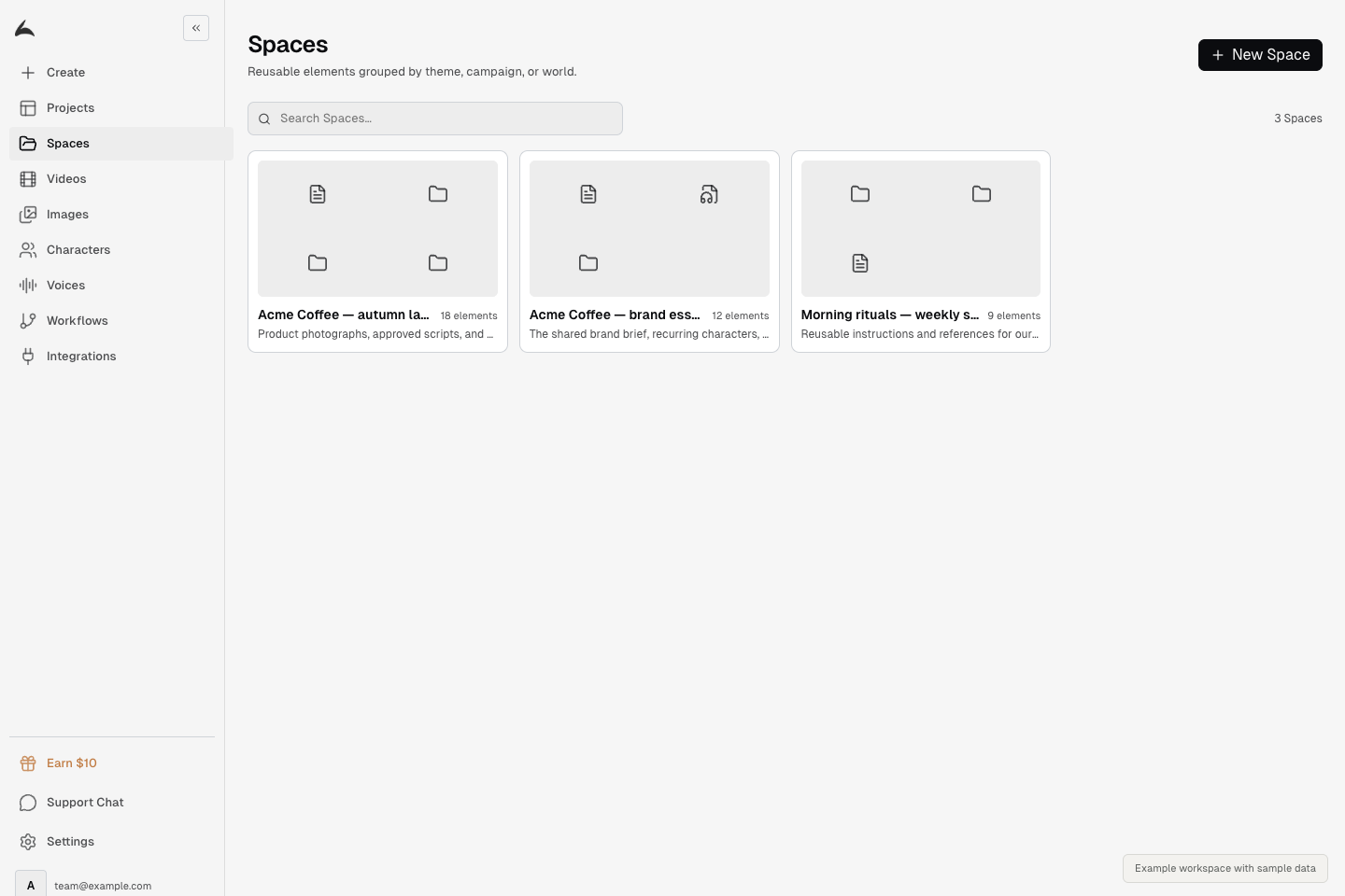 Spaces page showing named reference collections and a New Space button