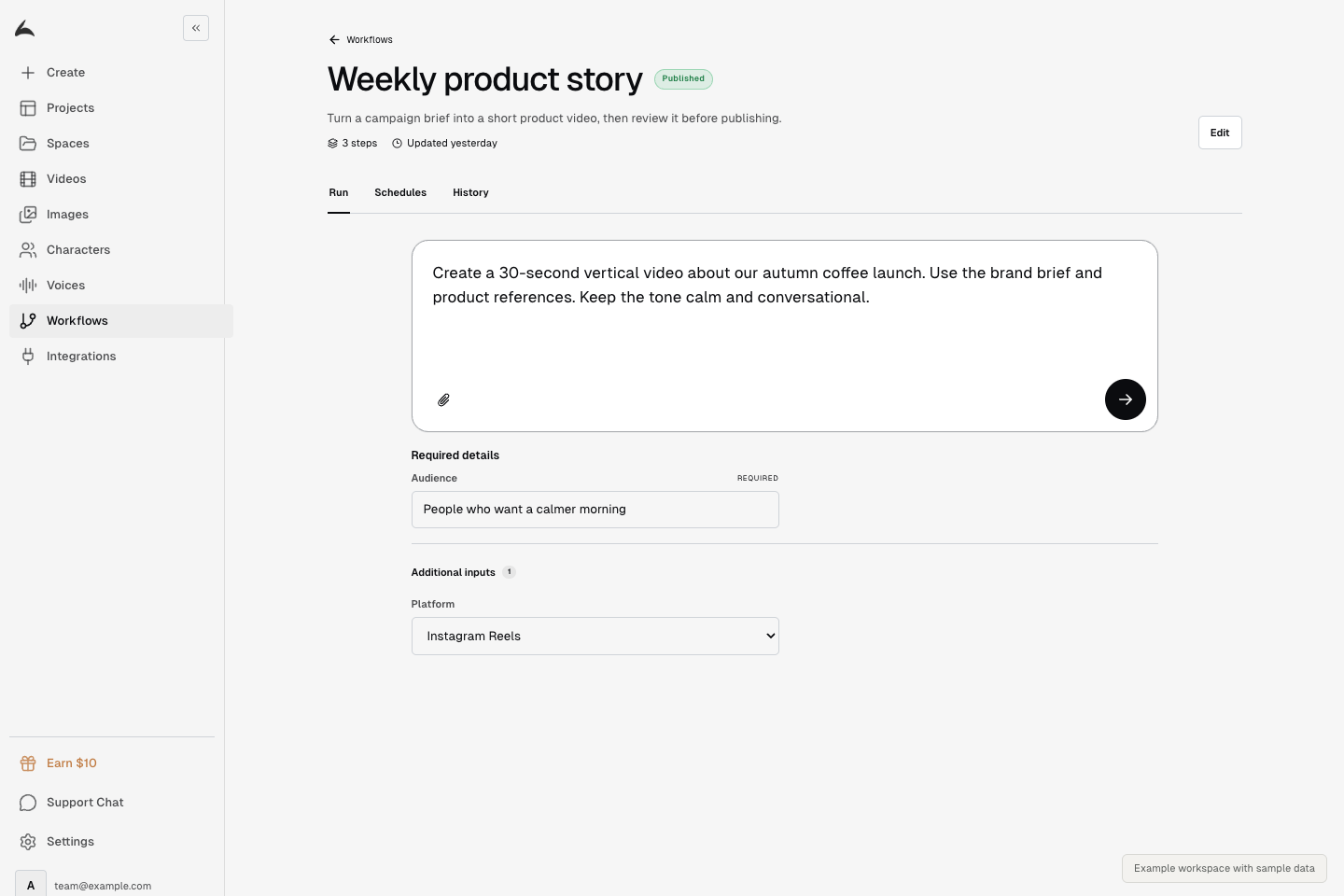 A published workflow showing Run, Schedules, History, a sample brief, and the Run button