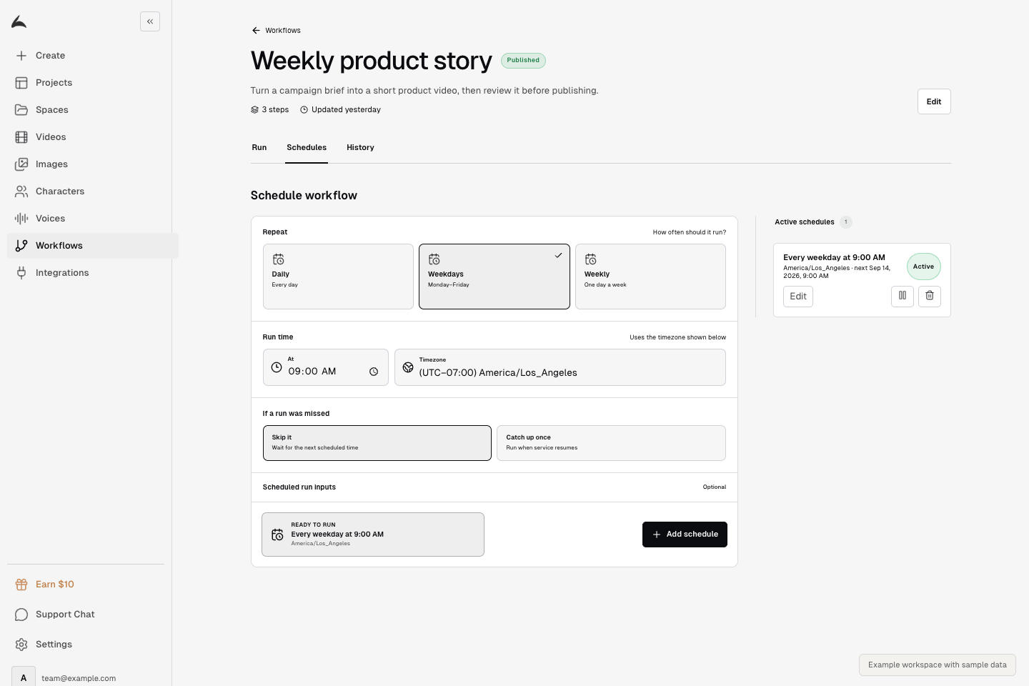 Workflow schedule with Daily, Weekdays, Weekly, run time, timezone, and missed-run choices