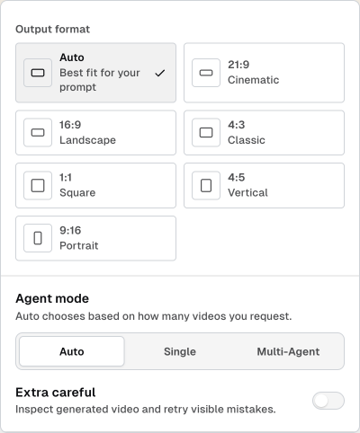 Run settings showing Output format, Agent mode, and Extra careful
